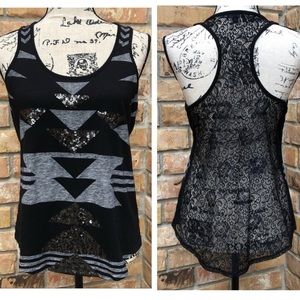 Express Sequin Tribal Racerback Tank with Lace